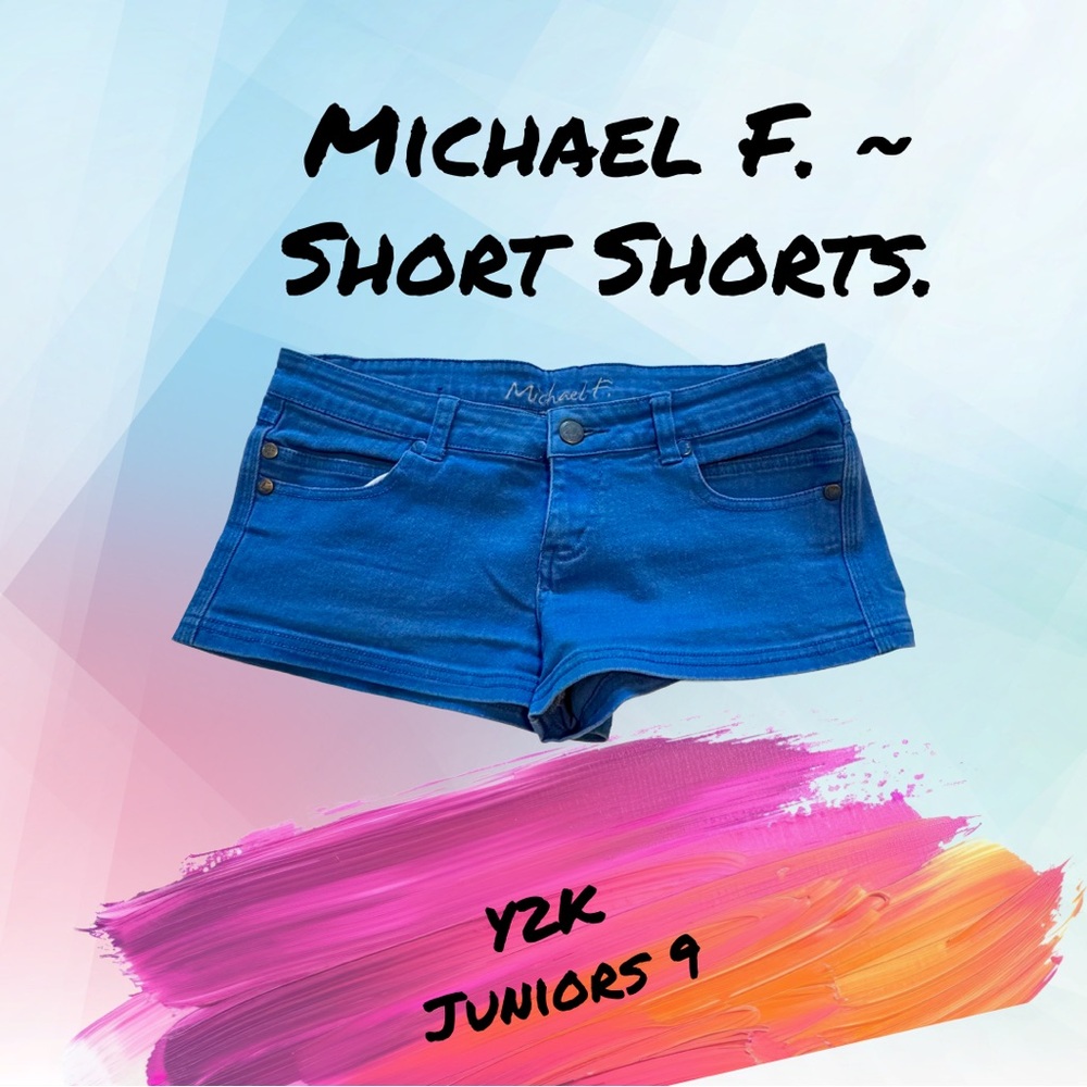 Michael F Blue Denim Short Shorts Low Waist Stretchy Juniors. Y2K. Juniors 9